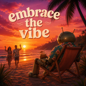 "embrace the vibe", man and women walk up the beach waving at their Android friend wearing a Hawaiian shirt.